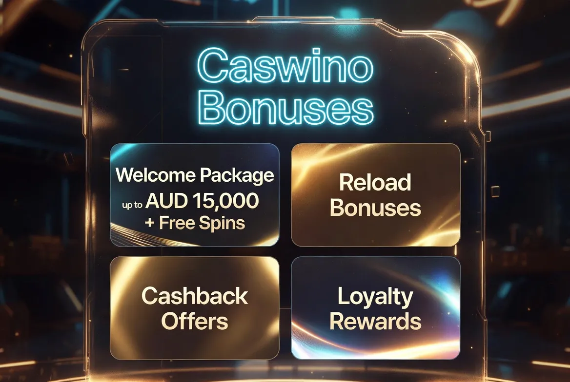 Caswino Casino bonuses overview showing Welcome Package up to AUD 15,000 + Free Spins, Reload Bonuses, Cashback Offers and Loyalty Rewards in neon interface for Australian players