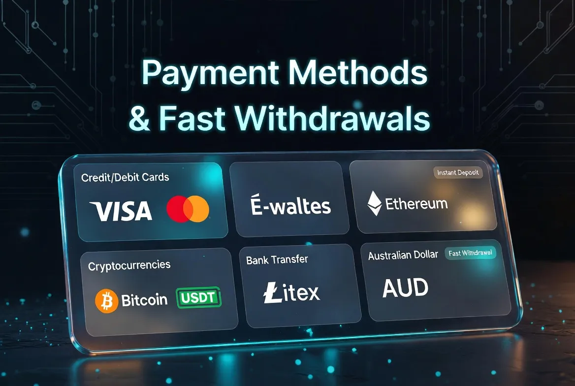 Caswino Casino payment methods and fast withdrawals showing Visa, Mastercard, e-wallets, Bitcoin, Ethereum, USDT, bank transfer and AUD currency options with instant deposit and fast withdrawal features for Australian players