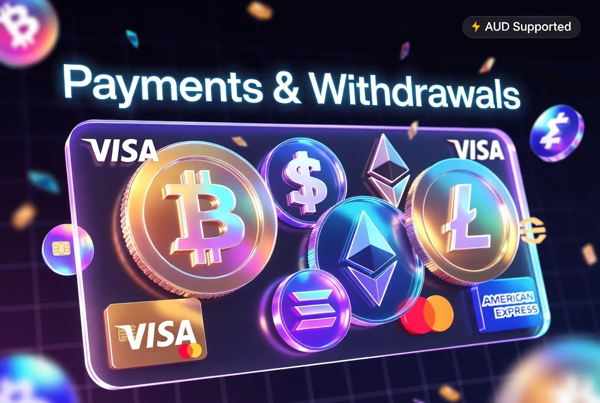Caswino payments: Visa, Mastercard, Amex, Bitcoin, Ethereum, Litecoin crypto with AUD support