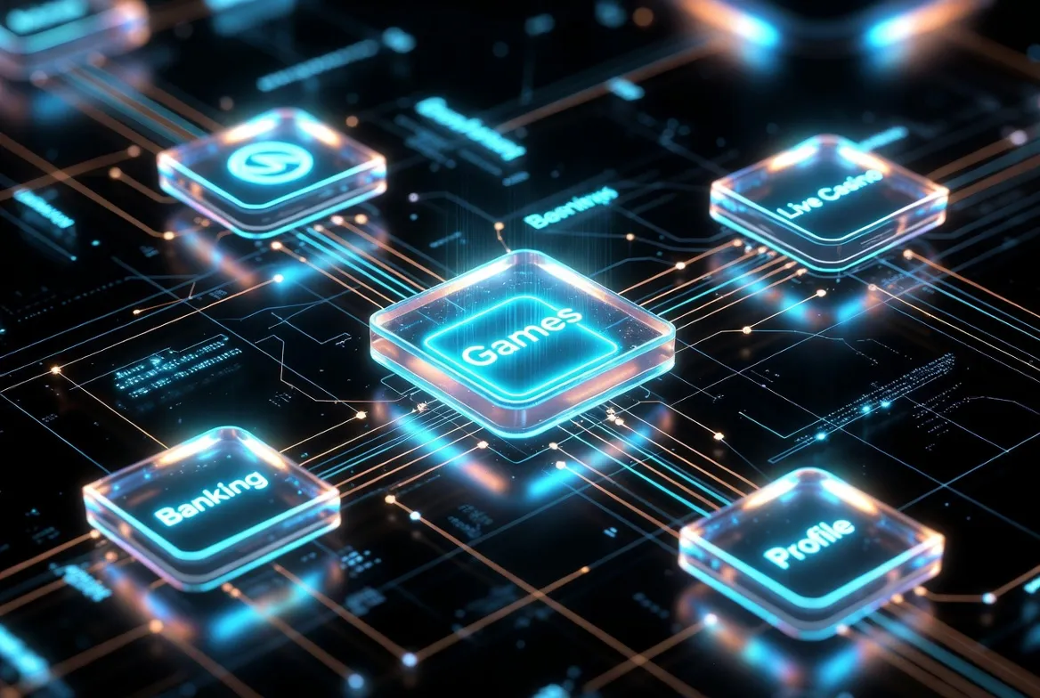 Caswino Casino platform structure showing connected sections: Games, Banking, Profile, Live Casino and other features integrated through digital network interface representing unified casino platform architecture
