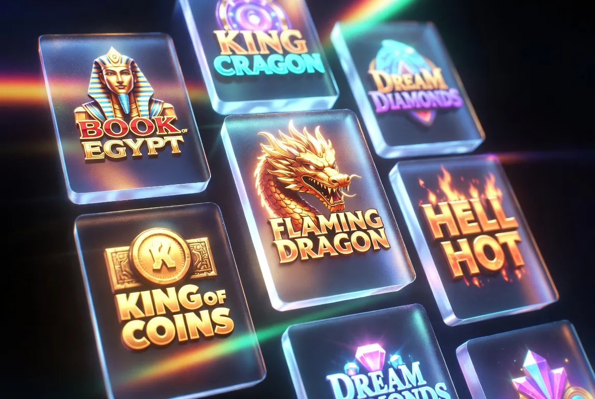 Caswino Casino popular slots collection featuring Book of Egypt, Flaming Dragon, Hell Hot and Dream Diamonds displayed as vibrant 3D game tiles for Australian players