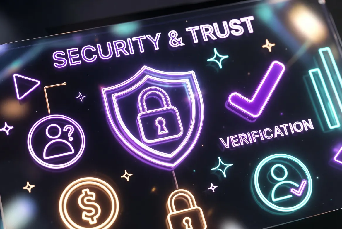 Caswino Casino security and trust system showing account verification, payment protection, withdrawal safety with shield encryption, identity checks and secure transaction icons for Australian players